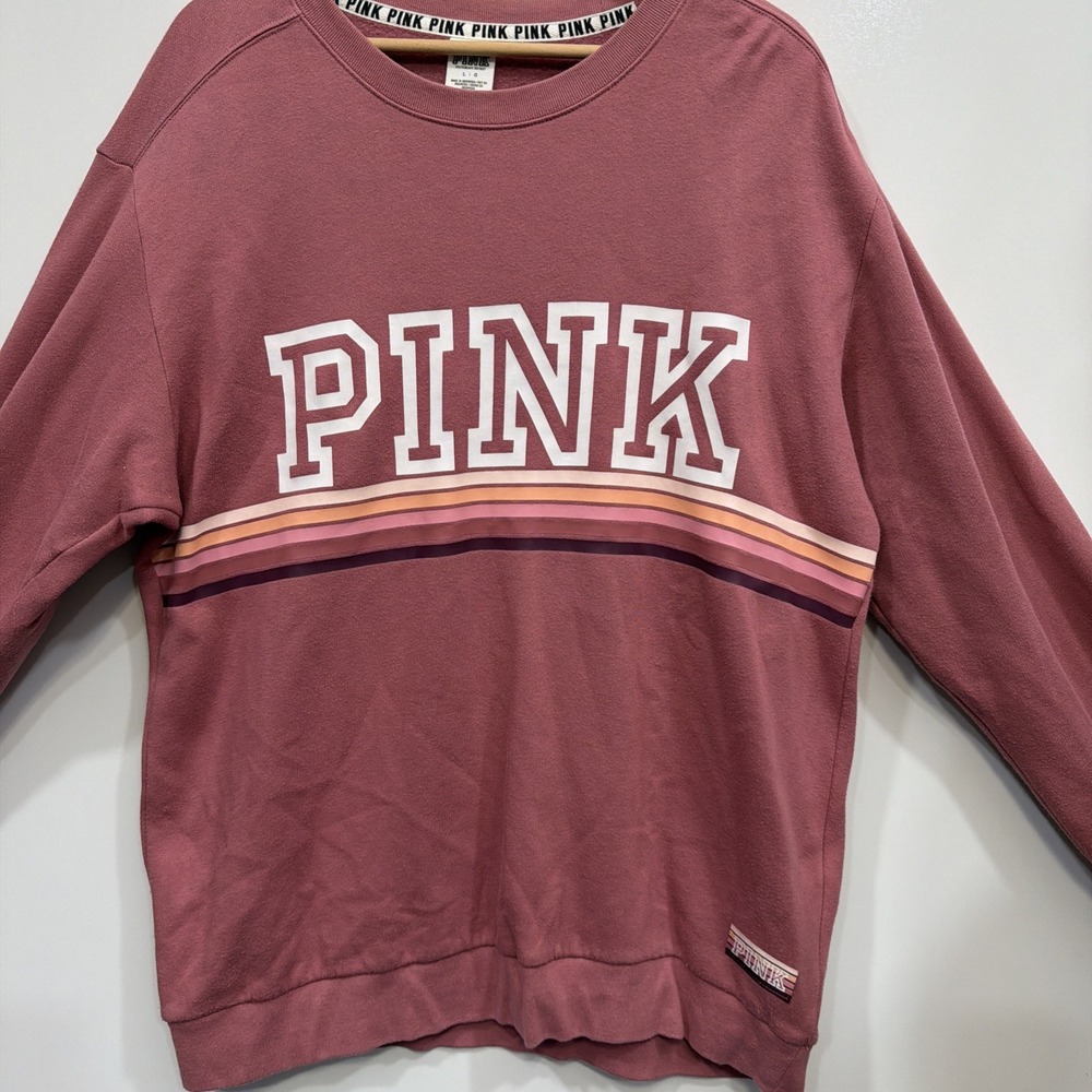 Victoria's Secret Pink Campus Pullover Crew Soft Begonia Logo Stripe Size Large